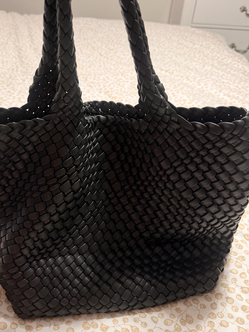 Black Woven Tote Bag with Braided Handles